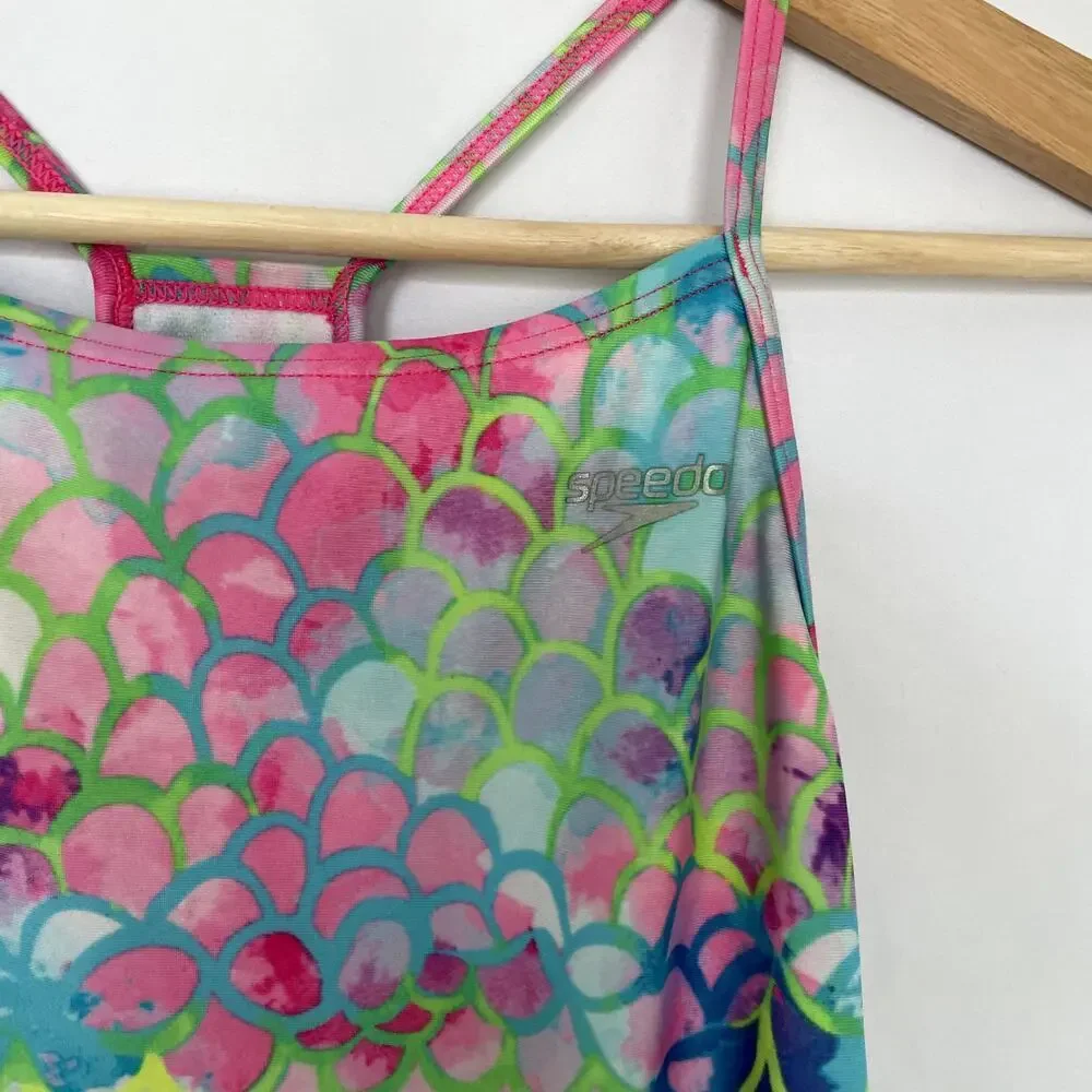 Speedo kids size L multicolor racerback one piece swimsuit pink lightweight‎